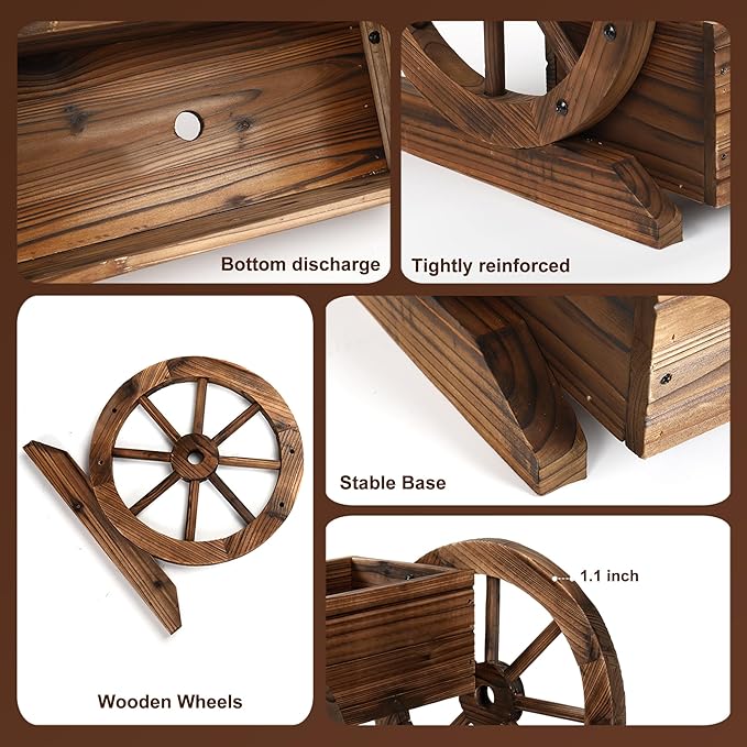 Wooden Wagon Planter Box, Garden Planter with Wheels,Decorative Planter for Flowers Herbs Vegetables for Indoor & Outdoor Décor, Flower Cart for Patio Garden Balcony
