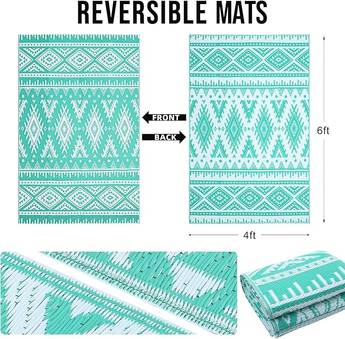OLANLY Outdoor Rug Waterproof 4x6 ft, Reversible Outdoor Plastic Straw Rug, Boho Patio Rug, Indoor Outdoor Carpet, RV Mat Outside for Patio, Camp, Picnic, Balcony, Deck, Backyard, Turquoise & White