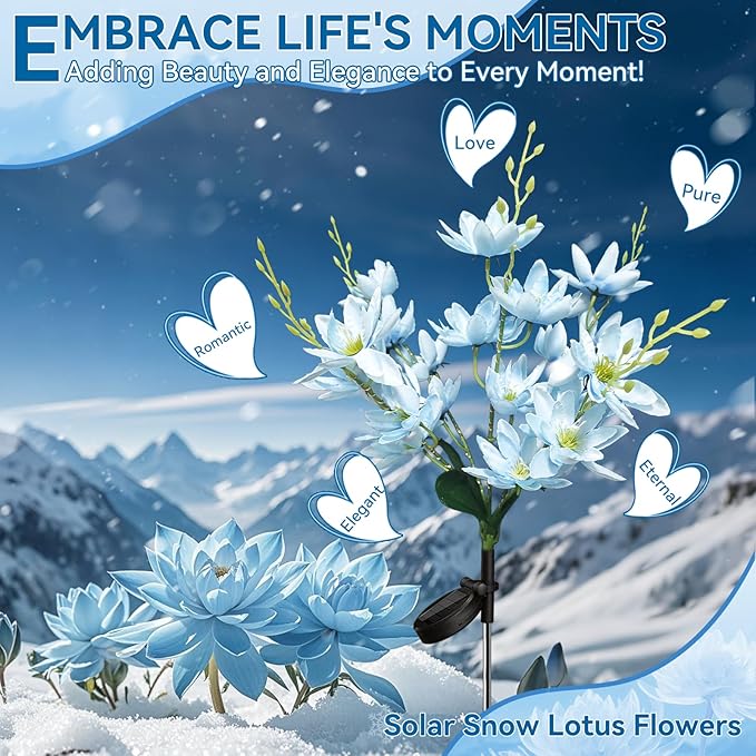 Neporal Solar Flowers Outdoor Waterproof IP65, 5-Head Snow Lotus with 20+ Flowers, Warm LED Light & 2 Lighting Modes, Decorative Solar Lights Outdoor Garden, Yard, Pathway, Flower Bed (4-Pack, Blue)