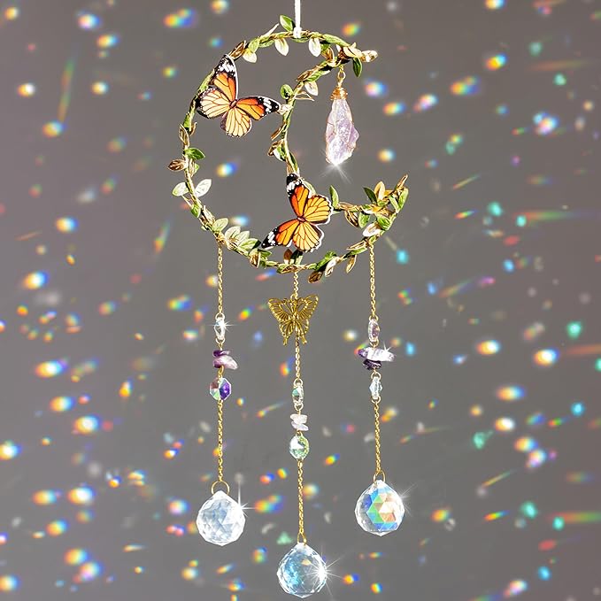 Crystal Suncatcher for Windows - Moon Shaped with Enchanting Butterfly Design - Sun Catchers Indoor Window - Hanging Crystal Wind Chimes, Rainbow Maker Gifts, Prism Suncatcher, Window Decor