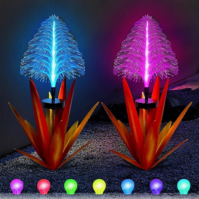 Metal Outdoor Decoration Gift Christmas Decorations Outdoor Metal Agave Yard Art Garden Lights Solar Outdoor, 7 Color Changing Garden Yard Pathway Xmas Decor Waterproof & Solar Powered(2pcs red)