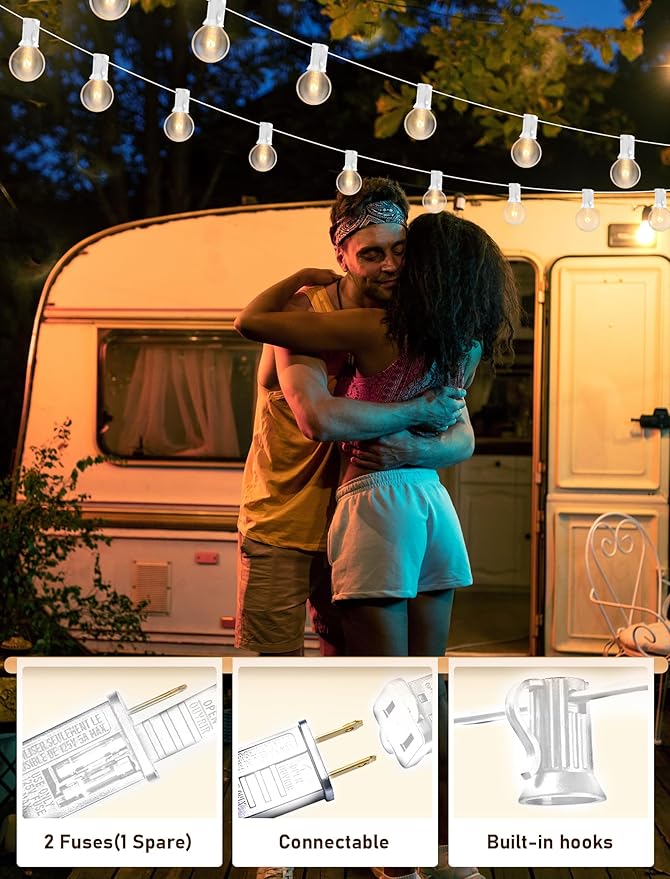 50FT Outdoor String Lights G40 Clear Globe String Lights Light Bulbs with 52 Clear Bulbs -5 Watt/120 Voltage/E12 Base -White Wire