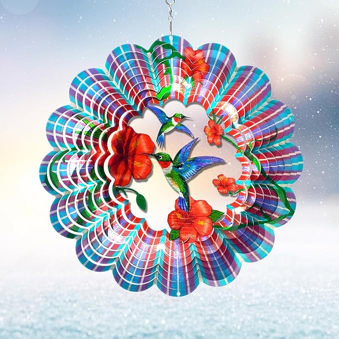 Hummingbird Wind Spinner - Hummingbird Gift for Women Men, Metal Wind Spinners for Outdoor & Indoor Decoration 12in 3D Hanging Bird Wind Catcher Unique Garden Decor Kinetic Yard Art Ornament