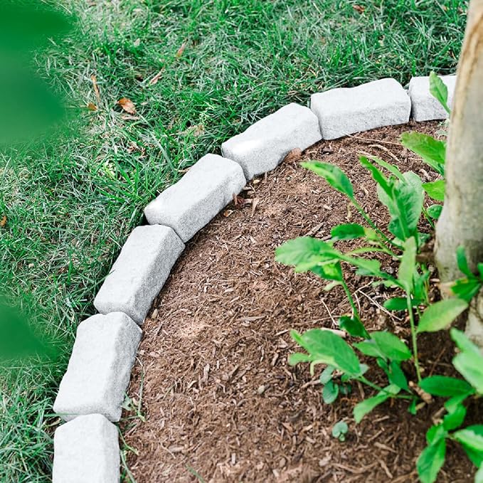 Beuta Landscape Edging | Garden Edging Border | No Dig Faux Stone Bricks & Spikes for Lawn Edging, Flower beds, Pathways & Yards – 4 Packs | Each Pack Has 6 Bricks 48" Lx 4" W x 2.25" H|Limewash