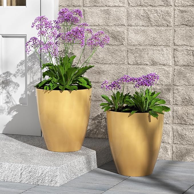 QCQHDU Plant Pots Set of 2 Pack,10 Inch Plant Pot for Indoor and Outdoor Plants with Drainage Hole,Flower Pots Modern Decorative Planter for Garden Plants (Golden)