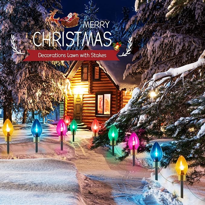 Jumbo C9 Christmas Lights Outdoor Decorations Lawn with Pathway Marker Stakes, 8.5 Feet LED Lights Covered Jumbo Multicolored Light Bulb for Holiday Outside Yard Garden Decor, 5 Lights