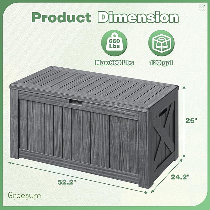 Greesum 120 Gallon Outdoor Storage Box with Lock - Large Resin Deck Box, Reinforced Lid for Garden, Patio, Lawn, Gray