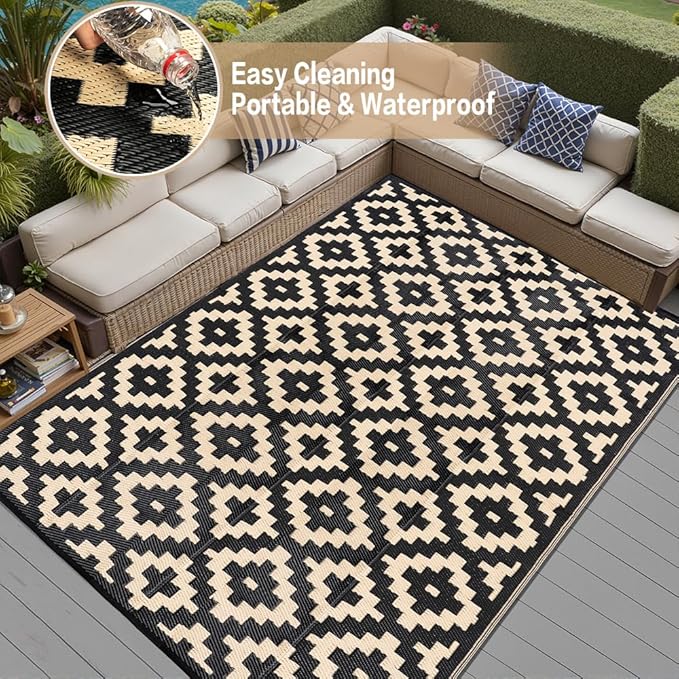 Outdoor Plastic Straw Rug, Waterproof Mat, Washable Large Floor Mat and Rug for Outdoors, RV, Beach, Patio, Camping, Backyard, Deck, Picnic, Indoor Outside (8x10ft,Geometry/Black&Beige)