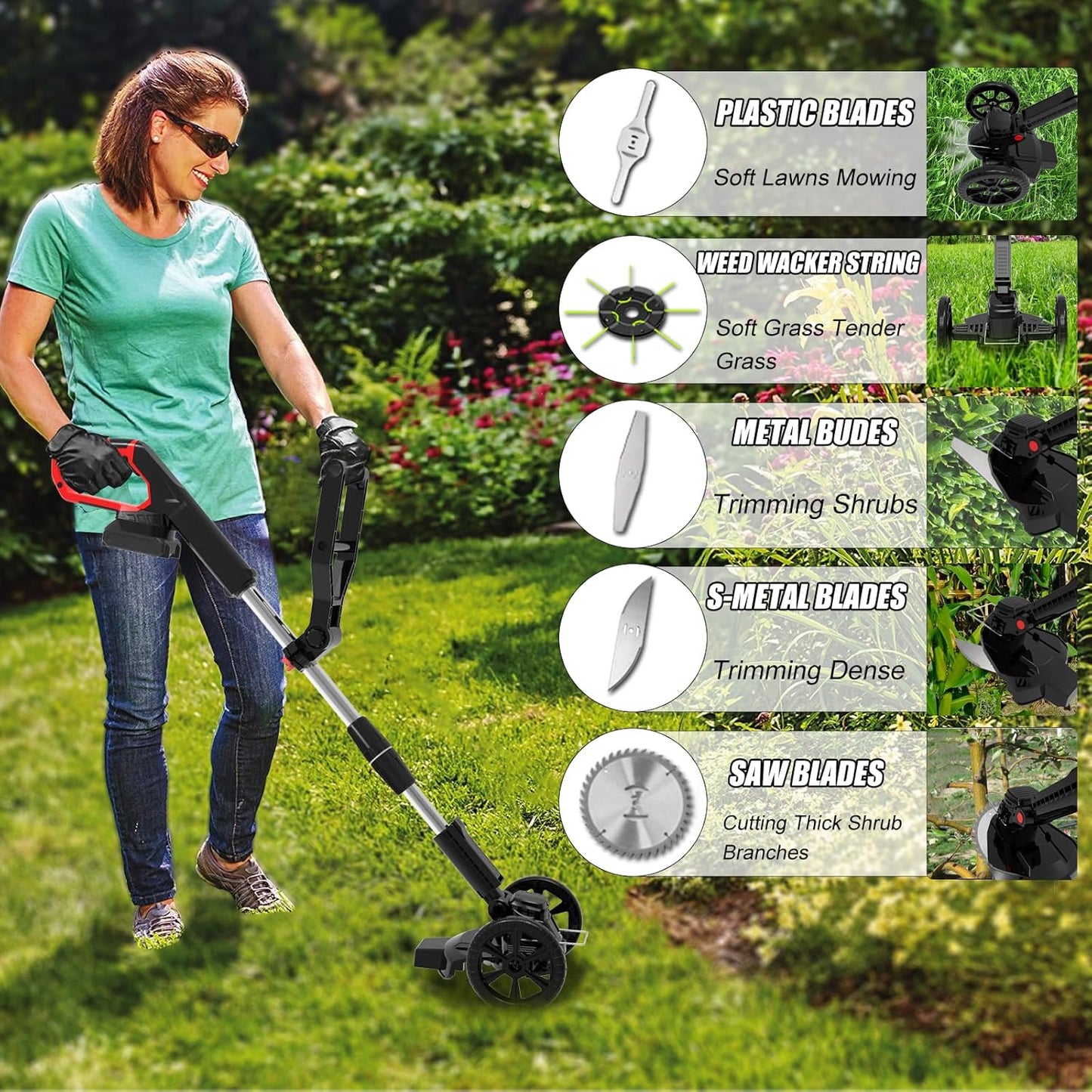 Cordless Weed Wacker Battery Powered Electric Weed Trimmer, with 2Pcs 21V Battery 5 Types Blades Lightweight Grass Trimmer Edger Lawn Tool, Push Wheeled No-String Trimmer for Garden Yard