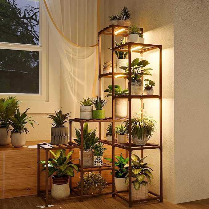 Bamworld Corner Plant Stand with Grow Lights Tall Plant Shelf Indoor Outdoor for Multiple Plants Wood Plant Table 7 Pots Flower Stands for Living Room Plant Rack