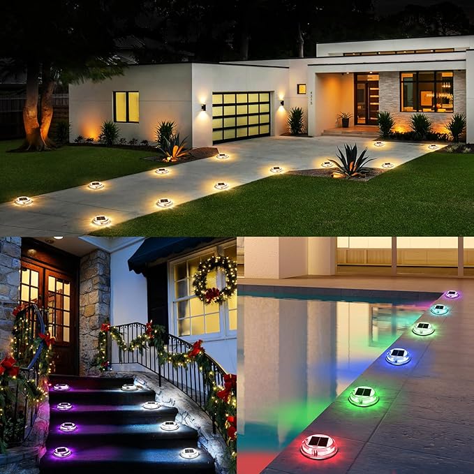 Quntis RGB Solar Deck Lights 8 Pack, 11 Lighting Modes Solar Driveway Lights Outdoor Waterproof IP68, Step Lights for Outside Stair Pathway Walkway