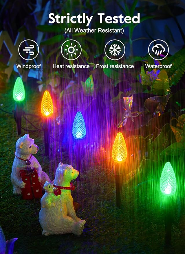 C9 Christmas Pathway Lights Outdoor, 25.7 Feet 20 LED C9 Strawberry Walkway Lights with Marker Stakes, Connectable Shatterproof C9 String Lights for Lane Outside Yard Decorations, Multicolored