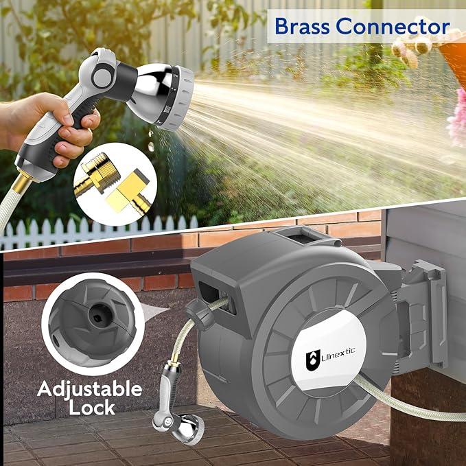 Retractable Garden Hose Reel, 1/2 in x 125 ft Wall Mounted Hose Reel, 10-Pattern Spray Nozzle, Any Length Lock/Slow Return System/Wall Mounted/180°Swivel Bracket