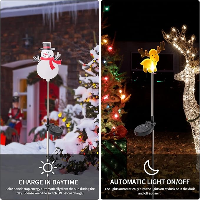 Glintoper 4 Pack Solar Christmas Figurine Lights, Outdoor Lighted Decorative Santa Claus, Snowman, Xmas Tree & Reindeer with Garden Stakes, Warm White LED Lighting Yard Stake for Path Lawn Patio Decor