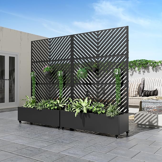 Casaphoria Metal Raised Garden Bed with Trellis and Wheels, 72"x47"x16" Planter Box for Climbing Plants, Vegetables & Vines, Features Drainage Holes and Privacy Screen (Black-Parallel)