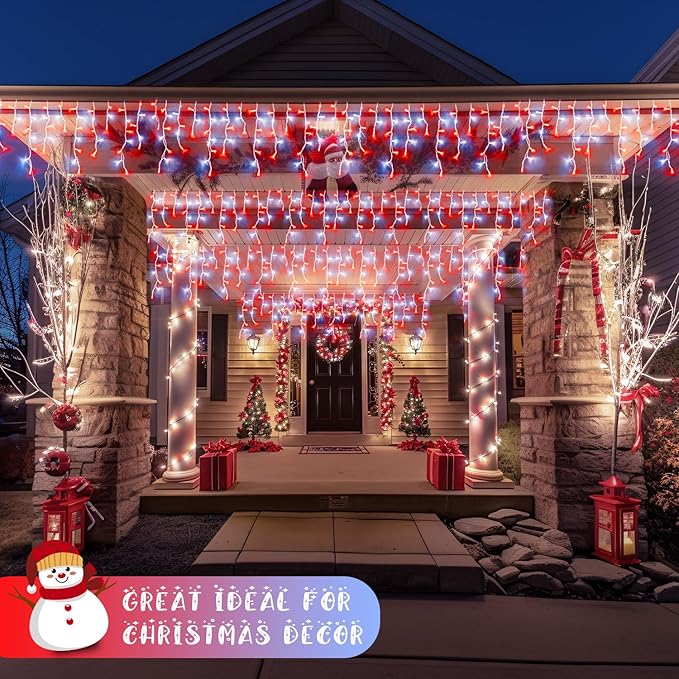 JMEXSUSS 38.8 Ft 400 LED Icicle Christmas Lights for Outside, 8 Modes Red and White Icicle String Lights Plug in with Remote, Christmas Lights Indoor Outdoor for Halloween Party Christmas Decoration