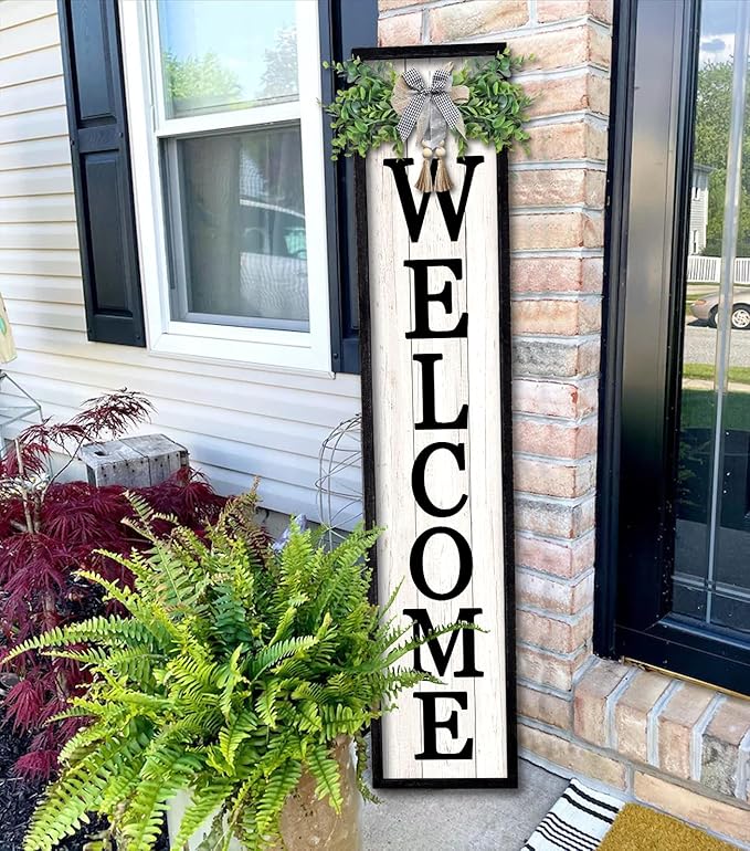 Surfapans Welcome Sign for Front porch Standing 45"X9"Large Wood Frame Outdoor Tall Welcome Signs Vertical Decor for Farmhouse Rustic Home Modern Outside Front Door Wall Decorations (Black)