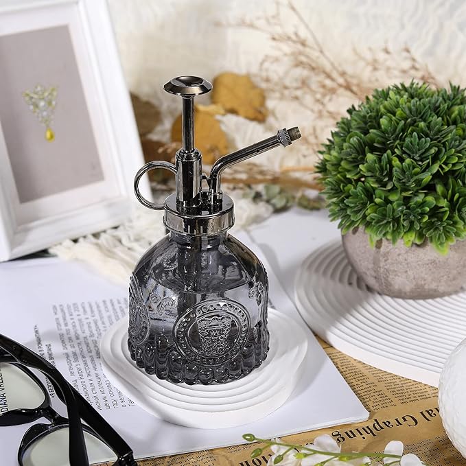 Glass Plant Mister Spray Bottle, Vintage Plant Spritzer, Succulent Spray Bottle with Top Pump, Small Plant Sprayer Mister Glass Watering Can for Indoor Outdoor House Plant - Grey