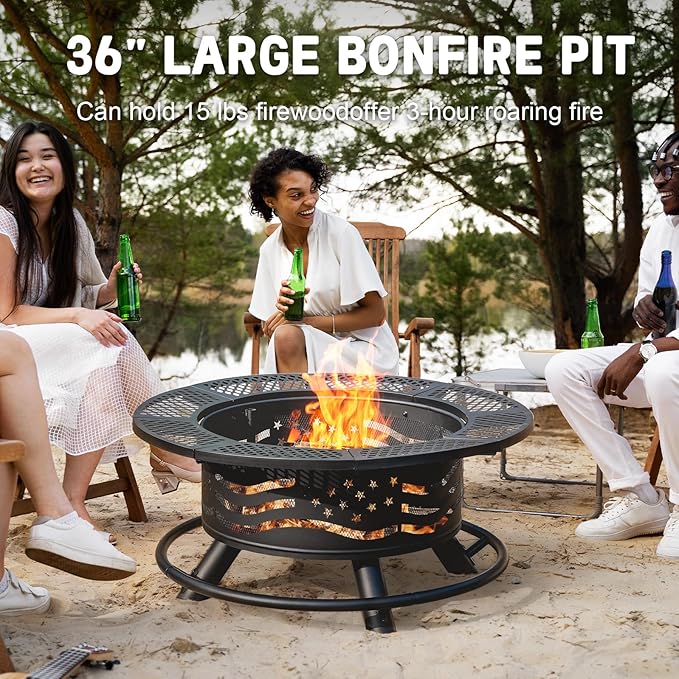36 Inch Fire Pit with 2 Cooking Grates, Outdoor Wood Burning BBQ Grill Firepit Bowl with Cover Lid, Steel Round Table for Backyard Bonfire Patio Picnic (Black, 36IN)