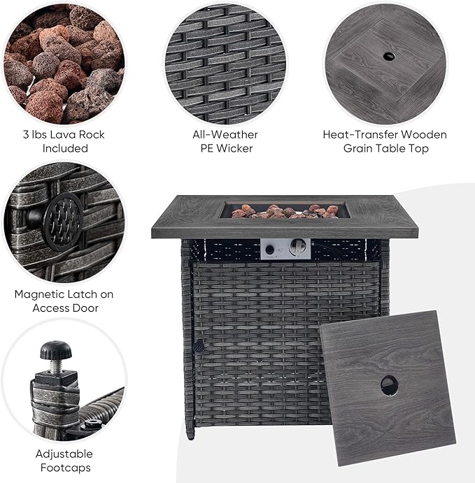 Outdoor Patio Furniture Set with Propane Fire Pit Table, 7 Pieces Wicker Patio Conversation Set with 2 Swivel Glider Rocker Chair Rattan Sofa Grey Cushion Perfect for Casual Gathering
