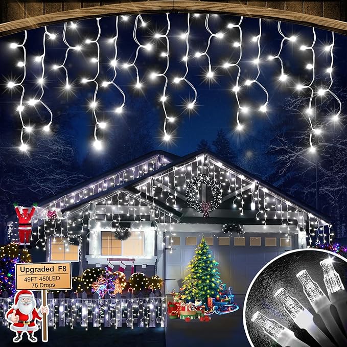 49FT 450LED F8 Upgraded Waterproof Christmas Lights with Memory & Timer - 8 Modes, Perfect for Outdoor, Roof, Home & Wedding Decorations