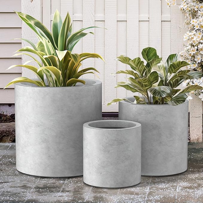 Kante 9.8",12.6",15.7" Dia Round Concrete Planter Set of 3, Modern Style Large Cylindrical Plant Pot with Drainage Hole and Rubber Plug for Indoor Outdoor Patio, Natural Concrete