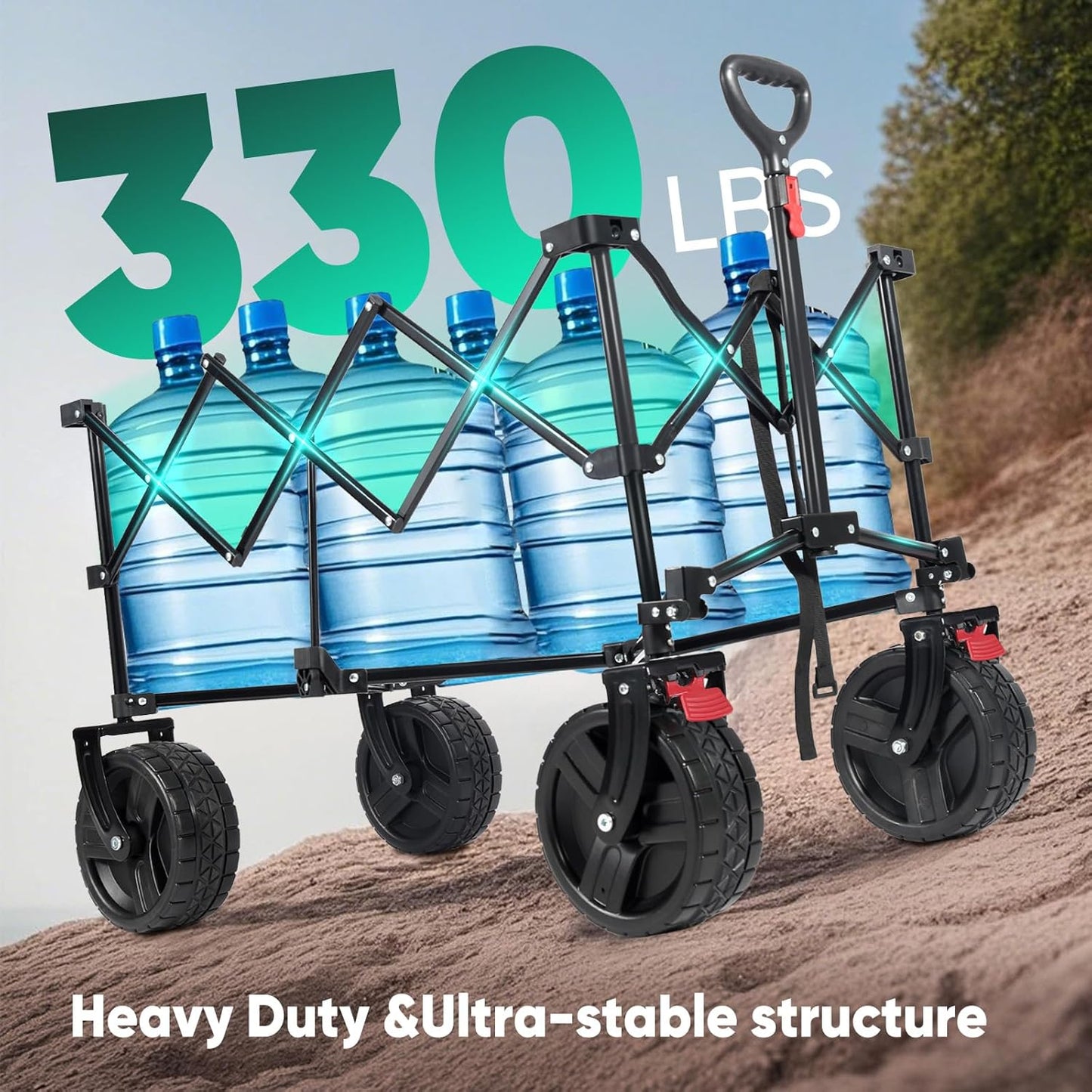 Sekey 220L Collapsible Foldable Wagon with 330lbs Weight Capacity, Heavy Duty Folding Utility Garden Cart with Big All-Terrain Beach Wheels & Drink Holders.Red&Grey