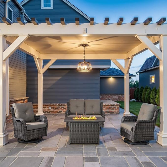 4 Piece Patio Furniture Set with Fire Pit Table - 41inch 50000 BTU Propane Fire Pit Table with High Back Loveseat Glider Chair and 2 Swivel Rocker Chair for Casual Gathering