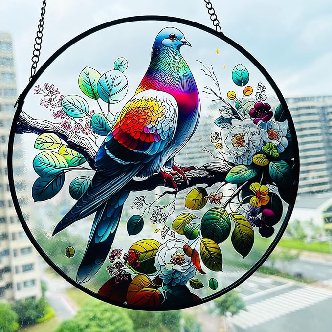 RIVEENY Stained Glass Window Hangings,8" Suncatcher Stained Glass Window Panels,Stained Panel Hangings Gift Women Girls Thanksgiving Birthday Gifts for Mom Grandma (Pigeon)