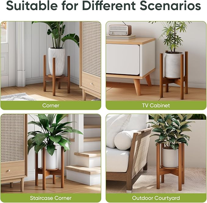 Adjustable Plant Stand, Bamboo Plant Stand Indoor with Tray, Wood Plant Stand for 8 to 12 inches Flower Pots, Single Mid Century Modern Plant Stand for Indoor Plants, Walnut