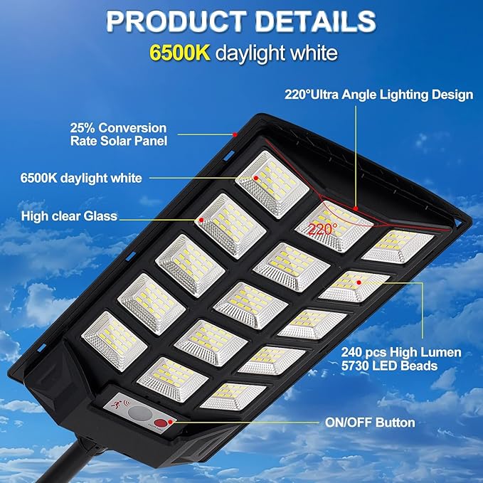 Solar Lights Outdoor,IP66 Waterproof Solar Street Lights with Motion Sensor & Remote,6500K Dusk to Dawn Flood Light for Parking Lot/Yard/Garden (4 Pack)