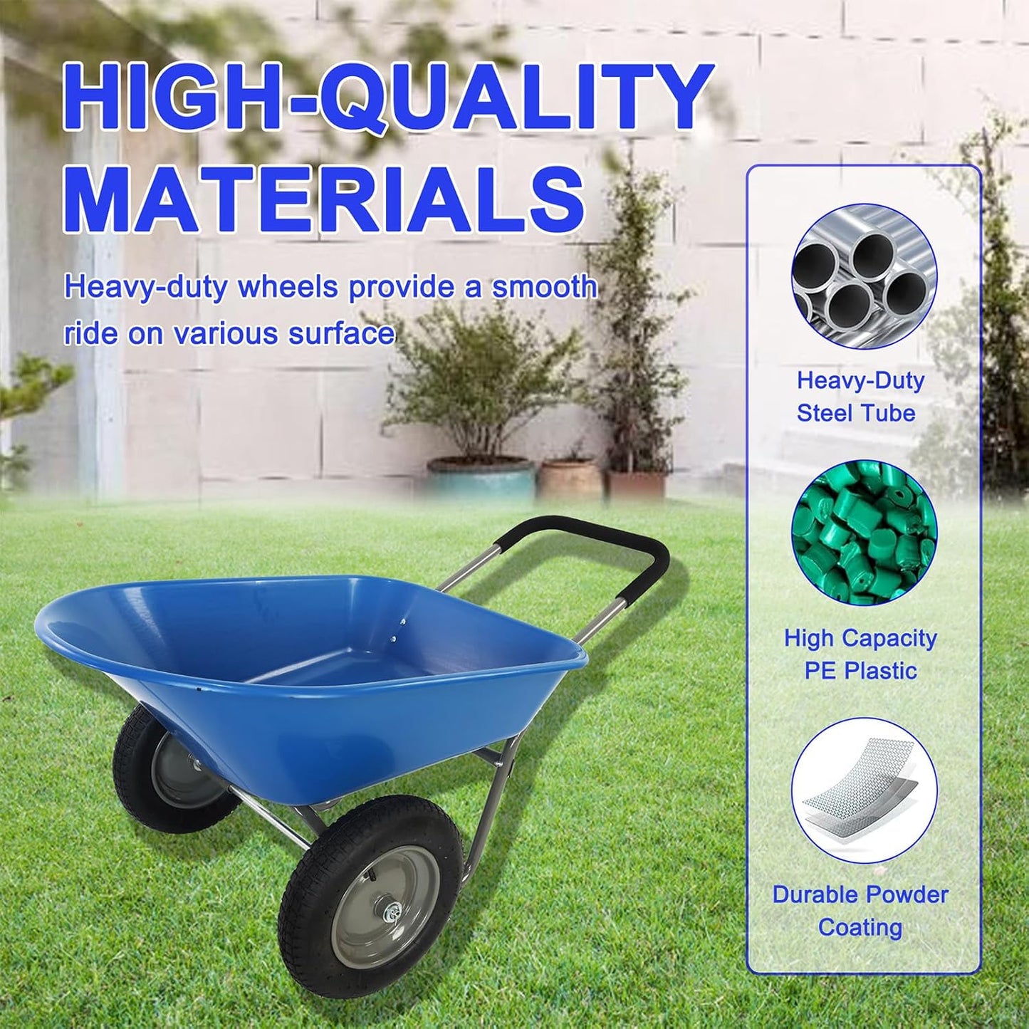 Dual Wheel Wheelbarrow, Heavy Duty Garden Cart, 300 lbs Capacity Utility Cart with Two 15 inches Pneumatic Tires for Outdoor Lawn Yard Farm Ranch (Blue)