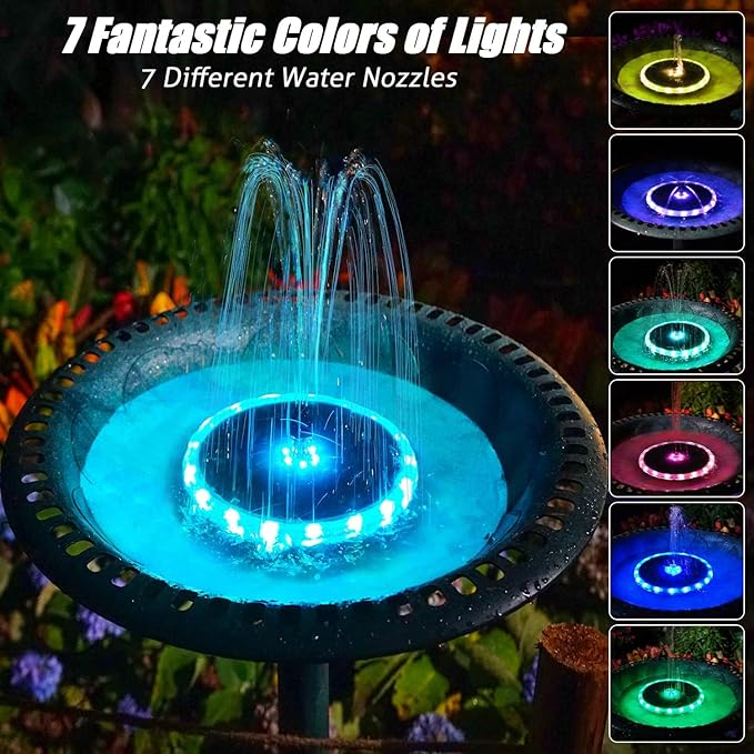 SZMP Solar Fountain, 4W Solar Powered Bird Bath Fountains with 4000 Battery, Color LED Lights, Outdoor Water Feature Fountain Pump with 7 Nozzle and 4 Fixers for Garden, Patio, Pond, and Pool
