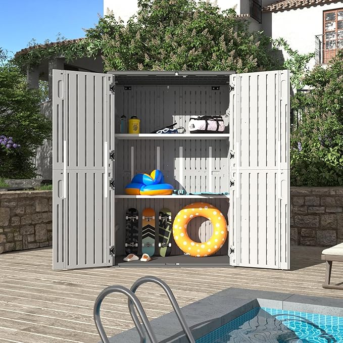 Aoxun White Resin Outdoor Storage Shed with 2 Shelves & Floor, 64 Cu.Ft Vertical Waterproof Cabinet for Garage, Pool, Bike, Garden Tools, Patio Furniture