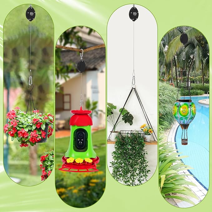 Plant Pulleys, Heavy Duty Retractable Hangers, 304 Stainless Steel Rope, Auto Plant Holder, Adjustable Climbing Hook for Garden Baskets, Watering, or Bird Feeders 2PC (Black)