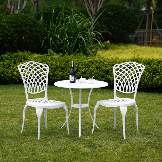 Cast Aluminum Bistro Set 3 Piece Outdoor, Patio Bistro Set White, Patio Conversation Table with 2 Piece Chairs, Bistro Table and Chairs Set of 2 for Garden Porch Porch,1.97" Umbrella Hole,