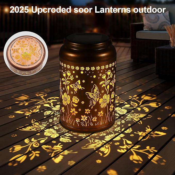 Solar Lantern Outdoor Hanging Lights Christmas Birthday Gifts for Women Mom and Grandma Butterfly Flower Metal Garden Decor Outside Waterproof LED Solar Lanterns for Patio, Yard, Pathway,Landscape