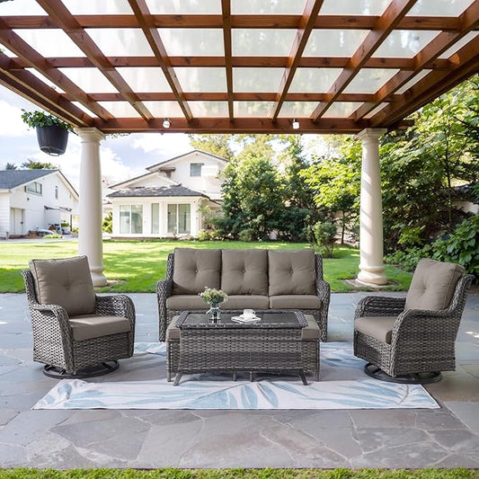 Wicker Outdoor Furniture Patio Furniture Set - 6 Piece Patio Conversation Set with Swivel Rocker Chairs, Rattan Sofa, Ottomans and Coffee Table, Gray Cushion