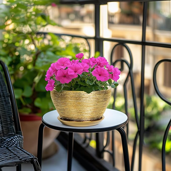 Ceramic Plant Pot Indoor - 9 Inch Planters for Outdoor Plants Decorative Plant Pot with Drainage Hole and Saucer Round Planter Modern Flower Pot Decorative for House Decor Gold