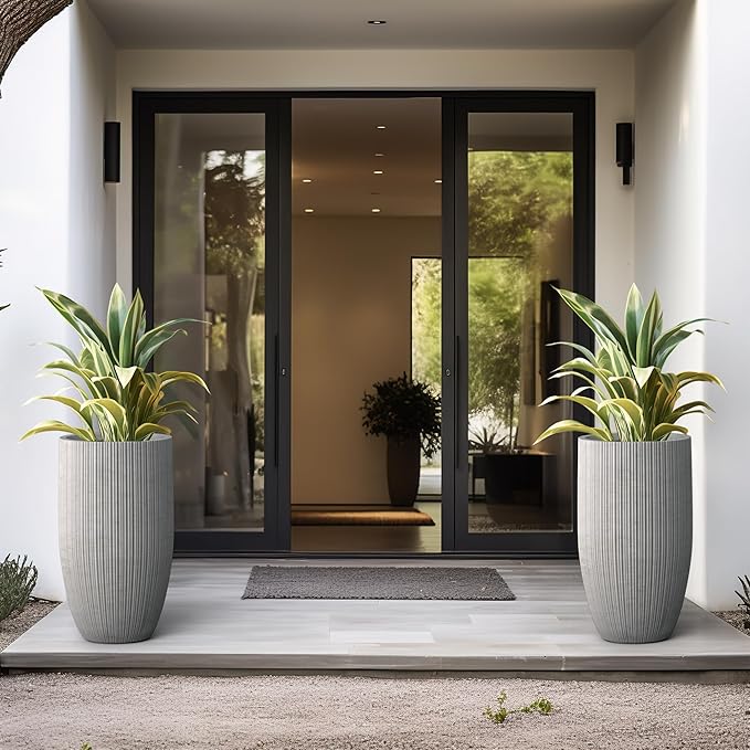 Kante 24 Inch Tall Round Concrete Planter, Large Indoor Outdoor Plant Pots with Drainage Hole and Rubber Plug, Modern Decorative Garden Pots for Home Patio Porch, Textured Natural Concrete