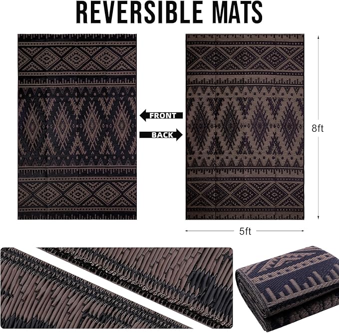 OLANLY Outdoor Rug Waterproof 5x8 ft, Reversible Outdoor Plastic Straw Rug, Boho Patio Rug, Indoor Outdoor Carpet, RV Mat Outside for Patio, Camp, Picnic, Balcony, Deck, Backyard, Black & Brown