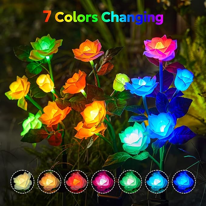 RECHOO Solar Garden Lights - 6 Pack Upgraded Garden Decor with 30 Rose Flowers, 7 Color Changing Waterproof Solar Flowers for Outside Yard Pathway Decoration