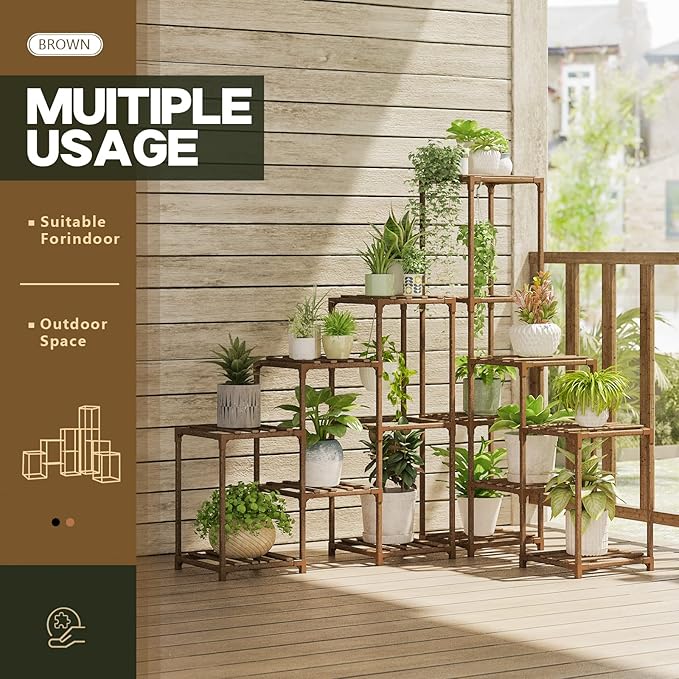 Bamworld Plant Stand Indoor Corner Plant Shelf Outdoor Flower Shelves Wooden Plant Stands Garden Wood Plant Holder Rack for Living Room Corner Lawn Window 03B