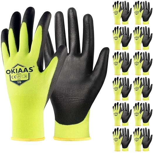 OKIAAS Work Gloves for Men - Ultra Thin and Lightweight With Grip, 12 Pairs Bulk Pack Construction With Polyurethane Coating, Safety for Light Duty Work (Green, Small)