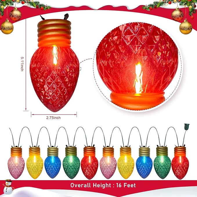 Jumbo Xmas String Lights, 16FT Large Multicolored Bulbs Christmas Hanging Lights with 10 LED Giant Multicolor Bulbs, C7 Big Bulb Vintage Christmas Decorations for Holiday Home Tree Roof Yard Garden