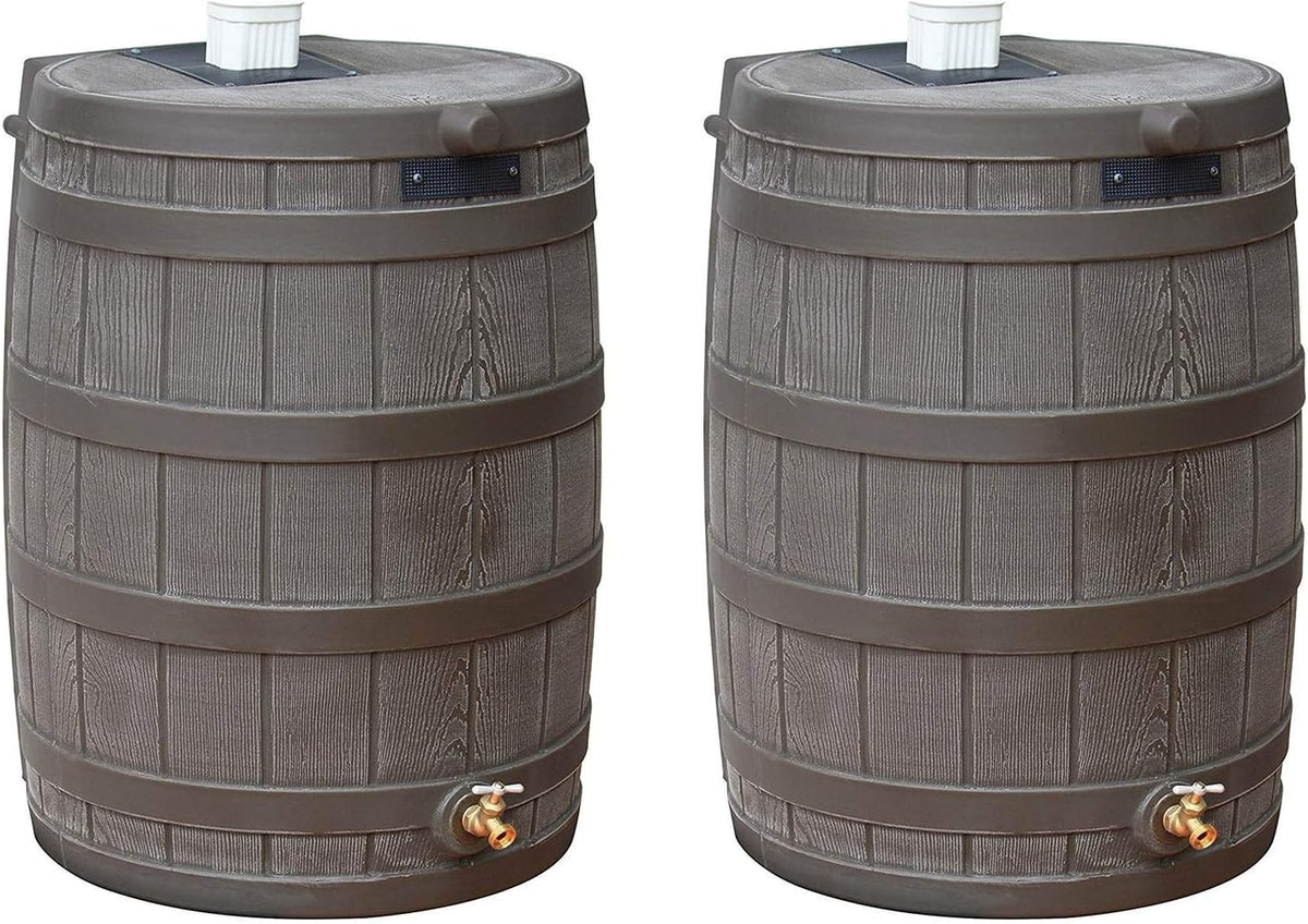 Good Ideas 50 Gallon Large Faux Wood Plastic Rain Water Barrel Collector with Brass Spigot for Rainwater Collection and Storage, Oak, 2 Pack
