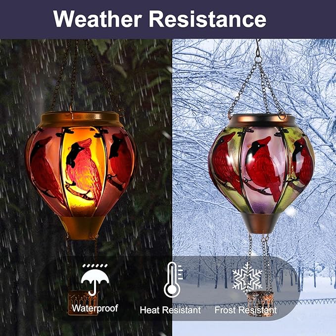 18inch Hot Air Balloon Solar Lantern with Flickering Flame Hanging Solar Outdoor Lantern Lights Waterproof Lanterns for Garden Patio Yard Party Decoration Cardinal