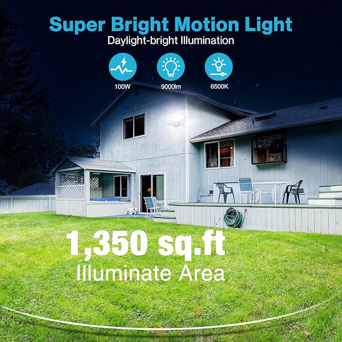 Olafus 100W LED Security Light Motion Sensor Outdoor Light, 2 Pack Motion Flood Light Dusk to Dawn, 9000LM Super Bright 6500K Exterior Motion Detector Floodlight for Garage Yard Porch Eave IP65, Black