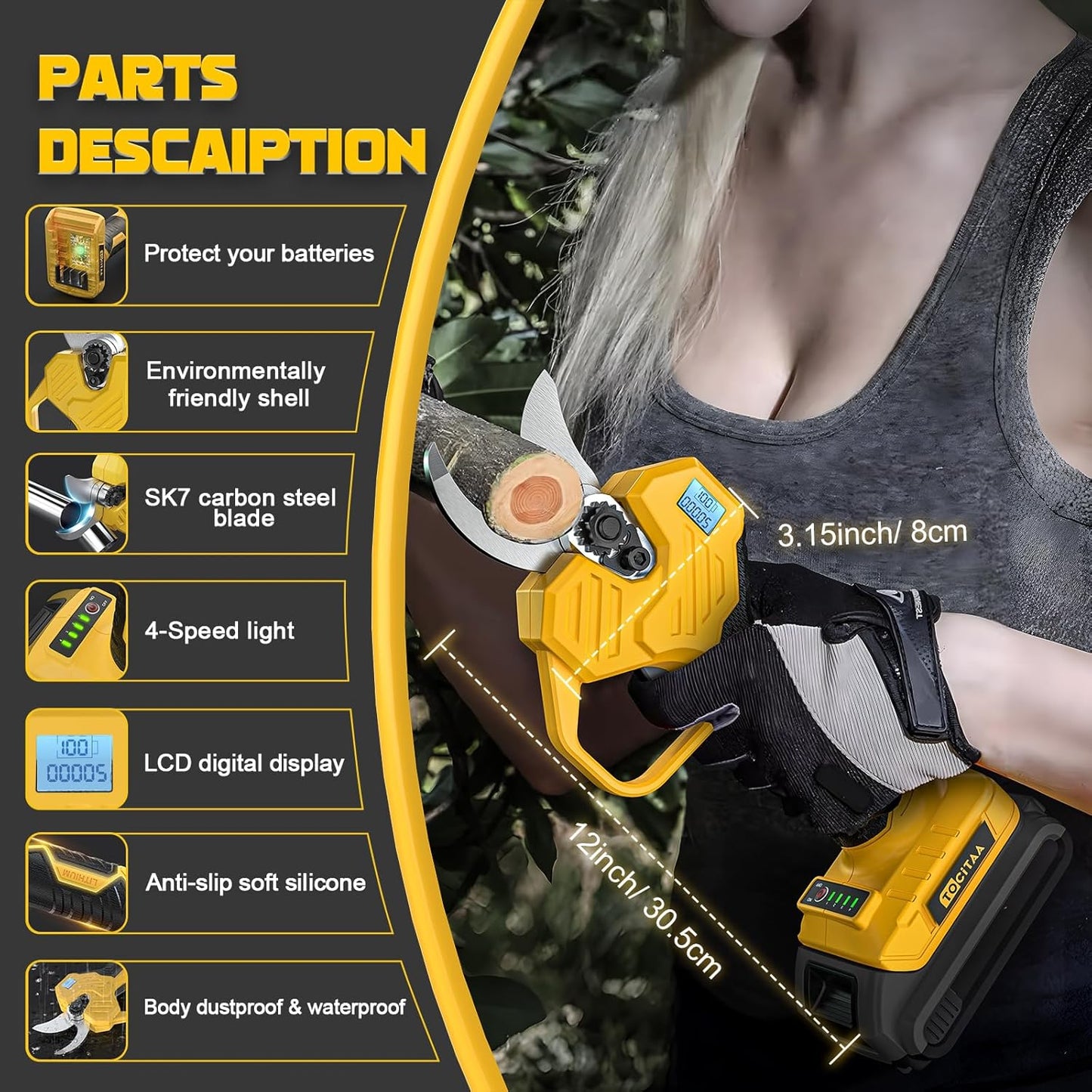 TOCiTAA Cordless Electric Pruning Shears Compatible with Dewalt 20v Battery, Portable Pruner Garden Tool Brushless & Imported SK7 Steel Blades, 1.5-2 Inch Cutting Diameter (Tool Only)