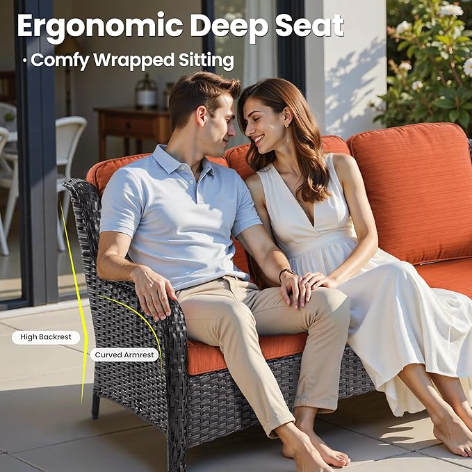 ovios 6 Pieces Patio Furniture Set with 30" Fire Pit Table, Outdoor Wicker Sofa with Ottomans, Comfy Cushions, High Back Couch Conversation Set, Brown Rattan, Orange Red